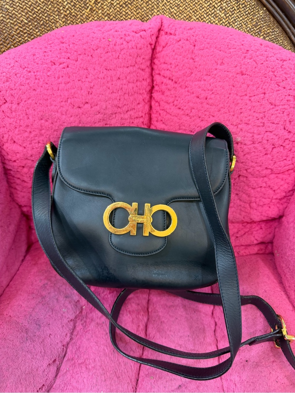 Salvatore Ferragamo Black Leather Crossbody with Gold Gancini